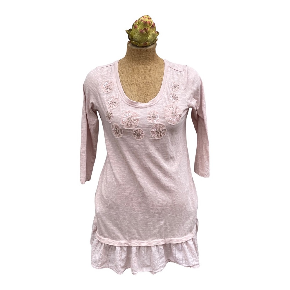 LOGO pink whimsical top with pretty beading detail. 3/4 sleeves.